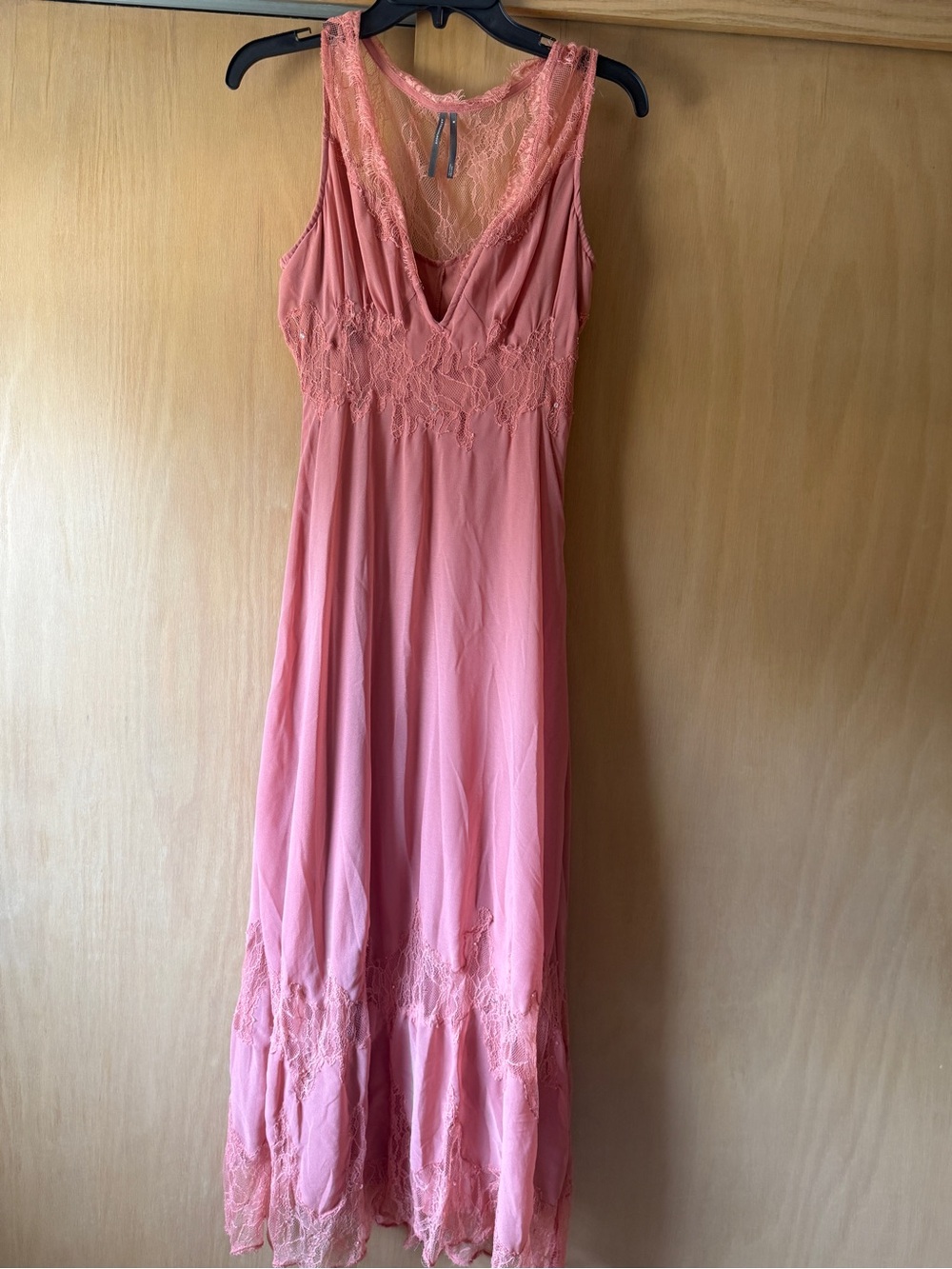 By Anthropologie Medium V-neck Pink Lace Trim Maxi Dress, good used condition.